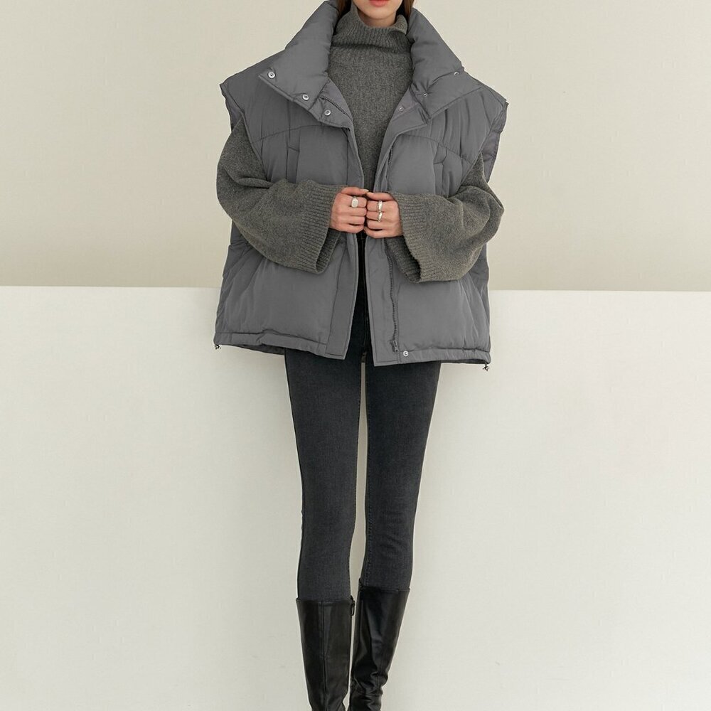 Grey Casual Women's Drawstring Hem Sleeveless Zip Front Puffer Pockets Coat - Picture 5 of 8